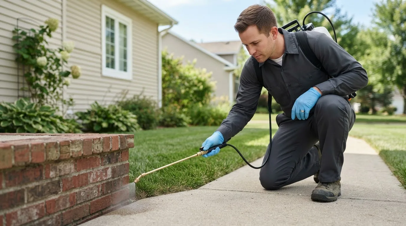 Pest control technician treating a home near Carmen, ID